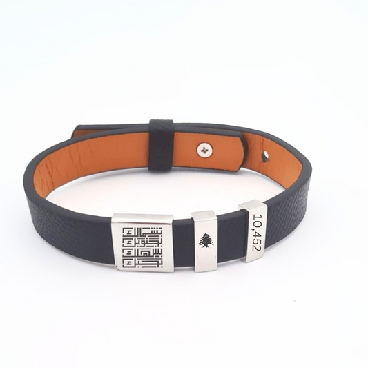 Triple Plate Customizable Unisex Leather Arabic Bracelet