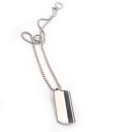 Silver dog tag necklace on a white background