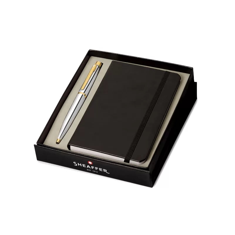 Luxury Giftset: Polished Chrome With Gold Plated Trims BallPoint Pen With Notebook
