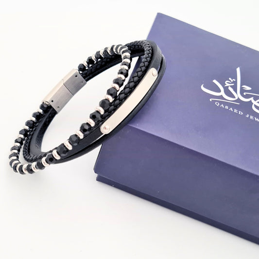 Leather Men's Bracelet with Shiny Stones