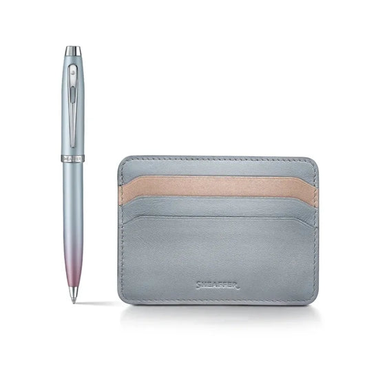 Sheaffer Expressions Gift Set – Blue & Pink Pearlised Ballpoint with Leather Card Holder