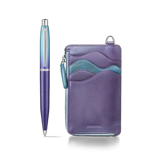 Sheaffer Expressions Gift Set – Blue & Purple Pearlised Ballpoint with Leather Card Case