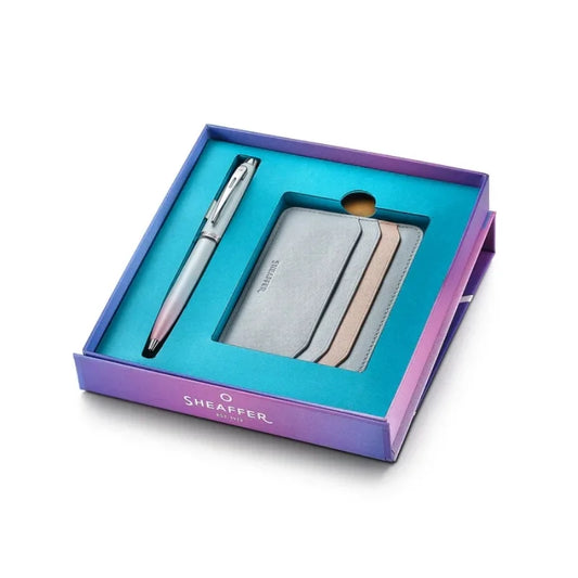 Sheaffer Expressions Gift Set – Blue & Pink Pearlised Ballpoint with Leather Card Holder